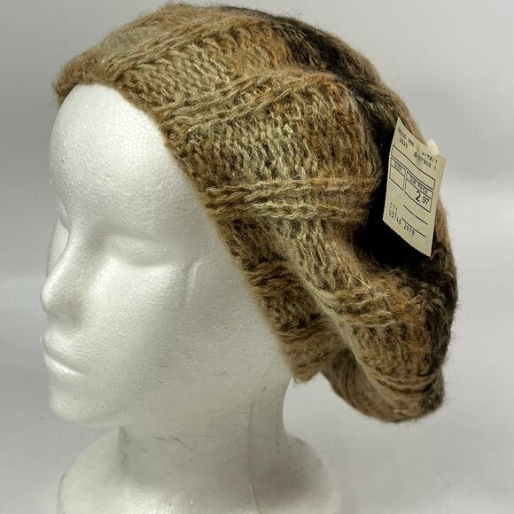 Vtg Brown Tan Acrylic Knit Beret Slouchy Cap Boho 1970s Pattern Textured Hat NWT main image 5
